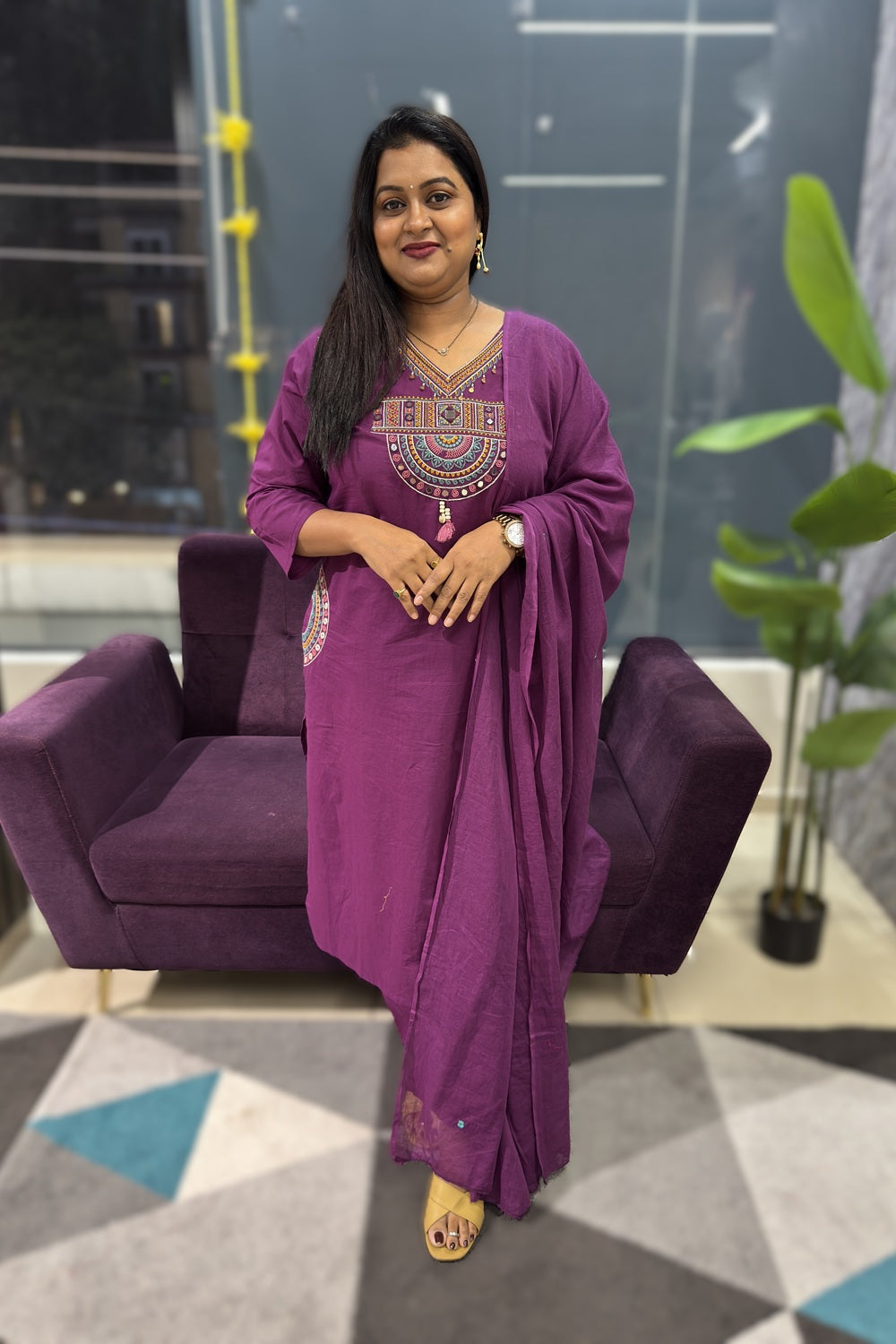 V neck with multicolour Embriodery with pockets on both the sides