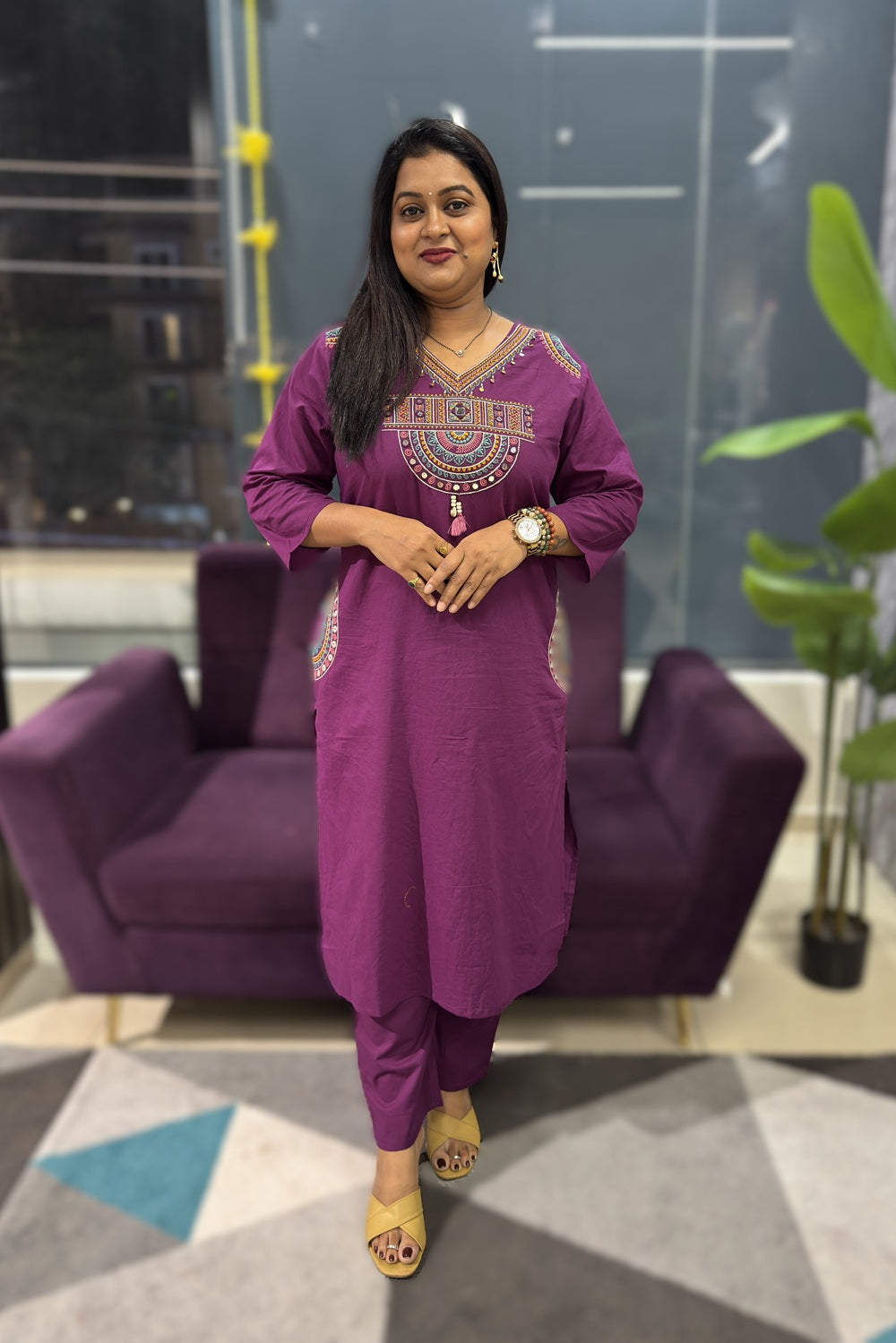 V neck with multicolour Embriodery with pockets on both the sides