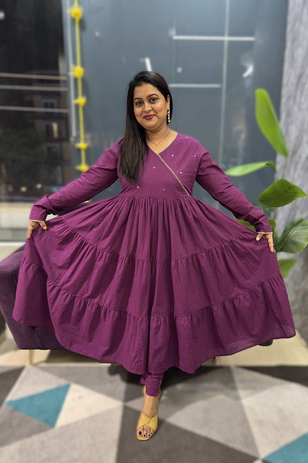 Purple Anarkali with contrast shibori kota doriya dupatta