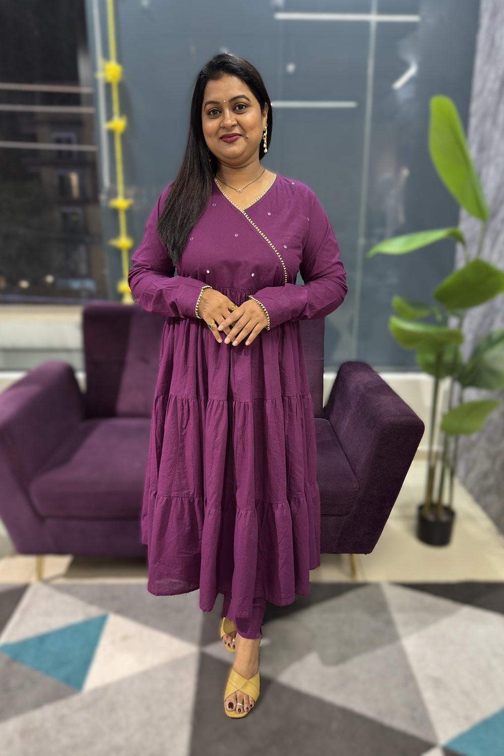Purple Anarkali with contrast shibori kota doriya dupatta