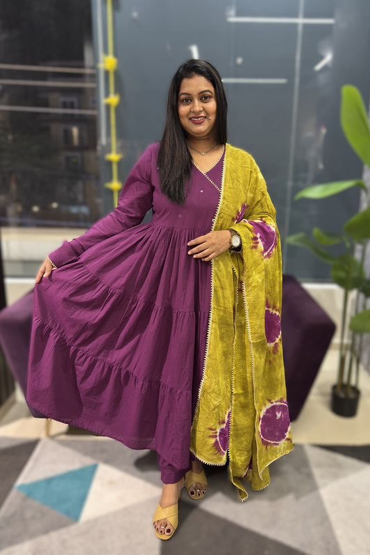 Purple Anarkali with contrast shibori kota doriya dupatta
