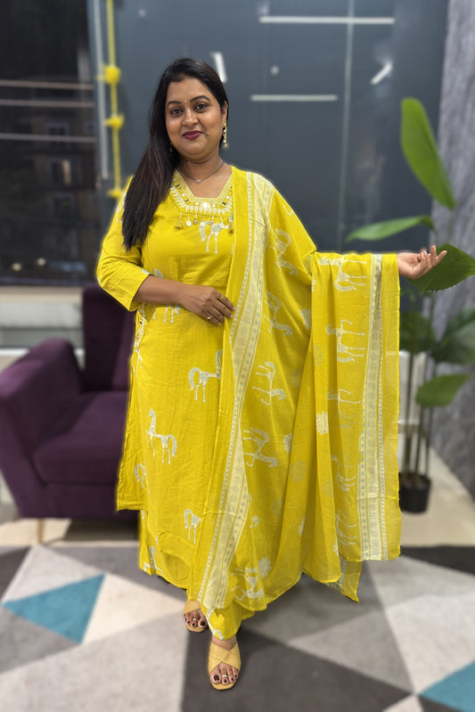 Horse print cotton yellow colour with real mirror work on yoke and pockets