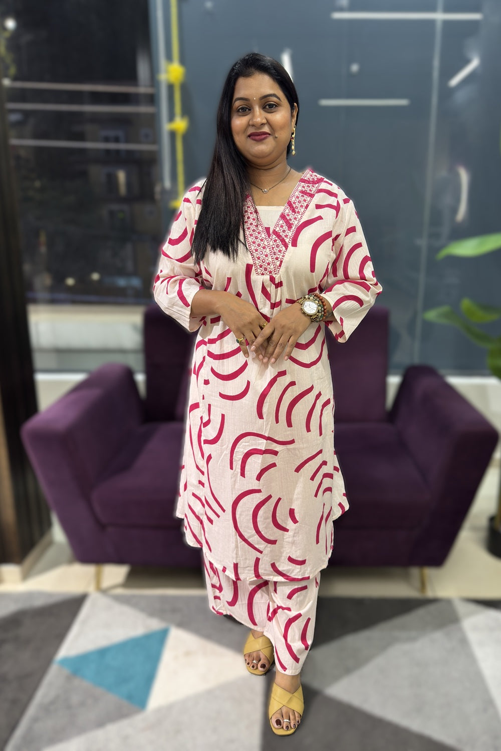 Geometrical print cotton suit set with suttle embroidery on yoke part