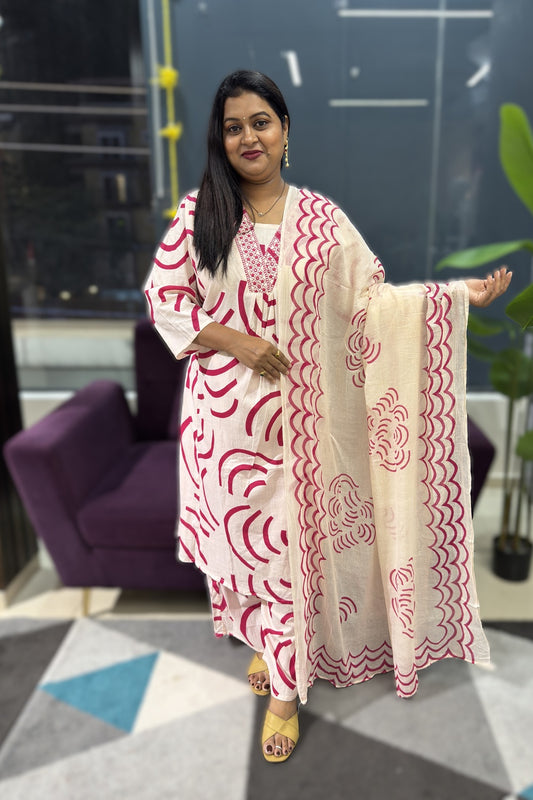 Geometrical print cotton suit set with suttle embroidery on yoke part