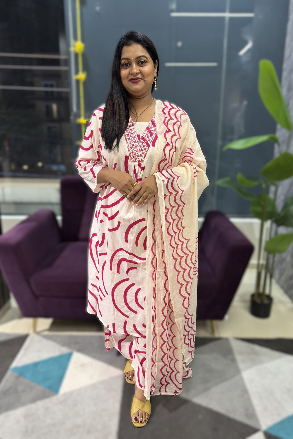 Geometrical print cotton suit set with suttle embroidery on yoke part