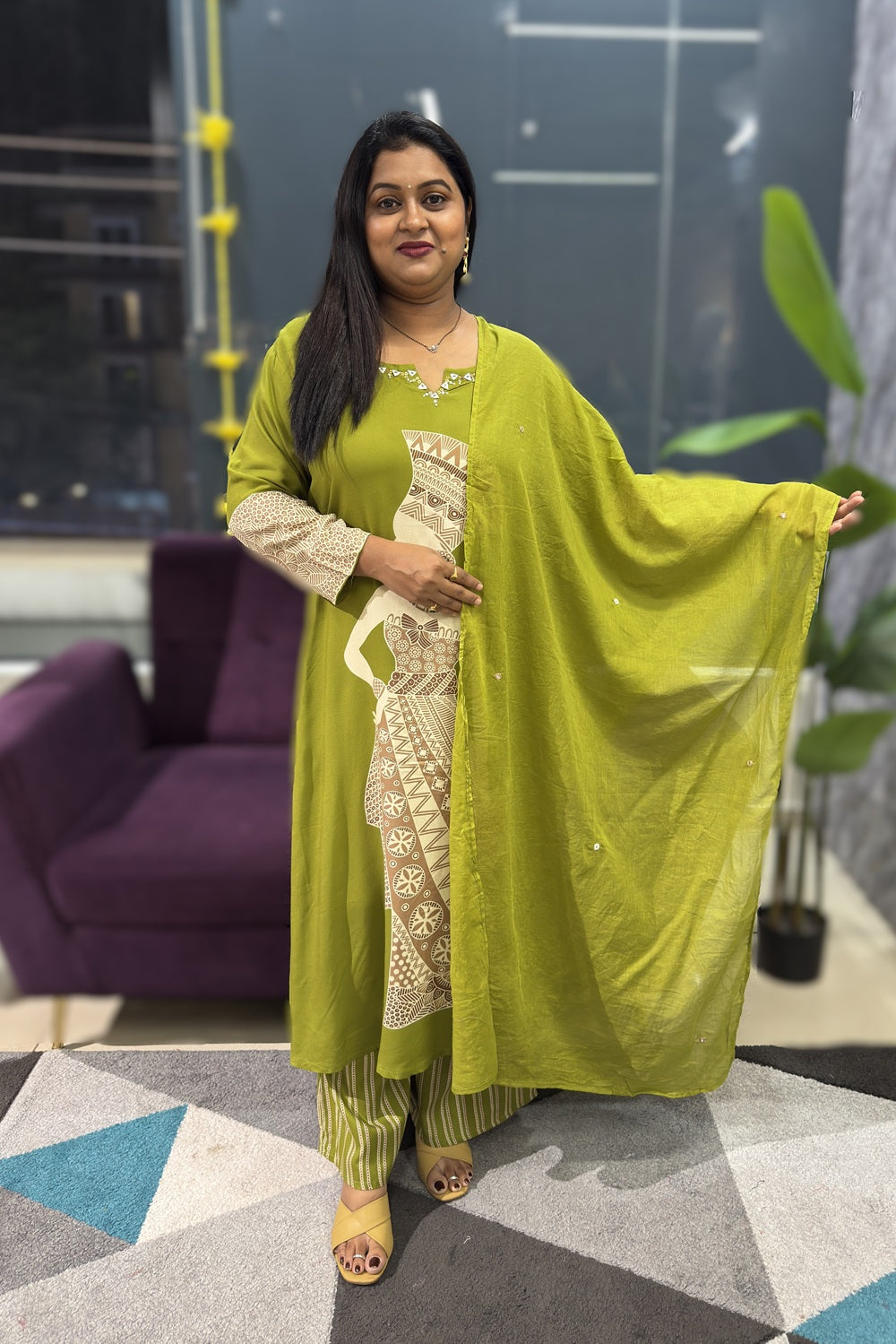 Heritage Print green colour kurti with printed plazo