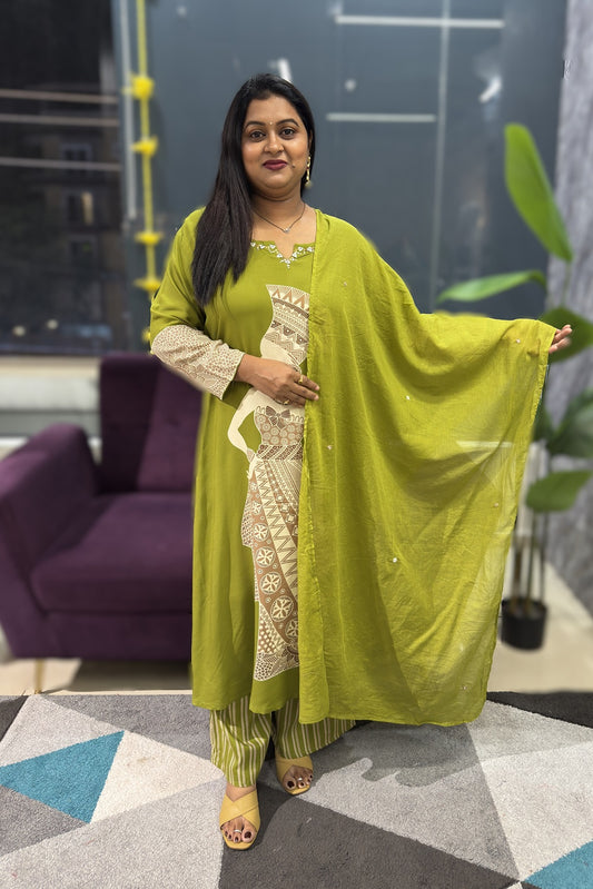 Heritage Print green colour kurti with printed plazo