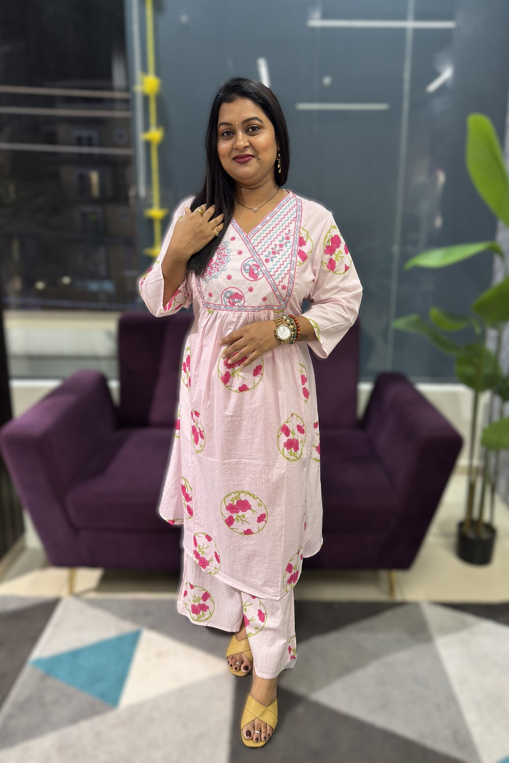 Block Print cotton suit set with cross embroidery on neck