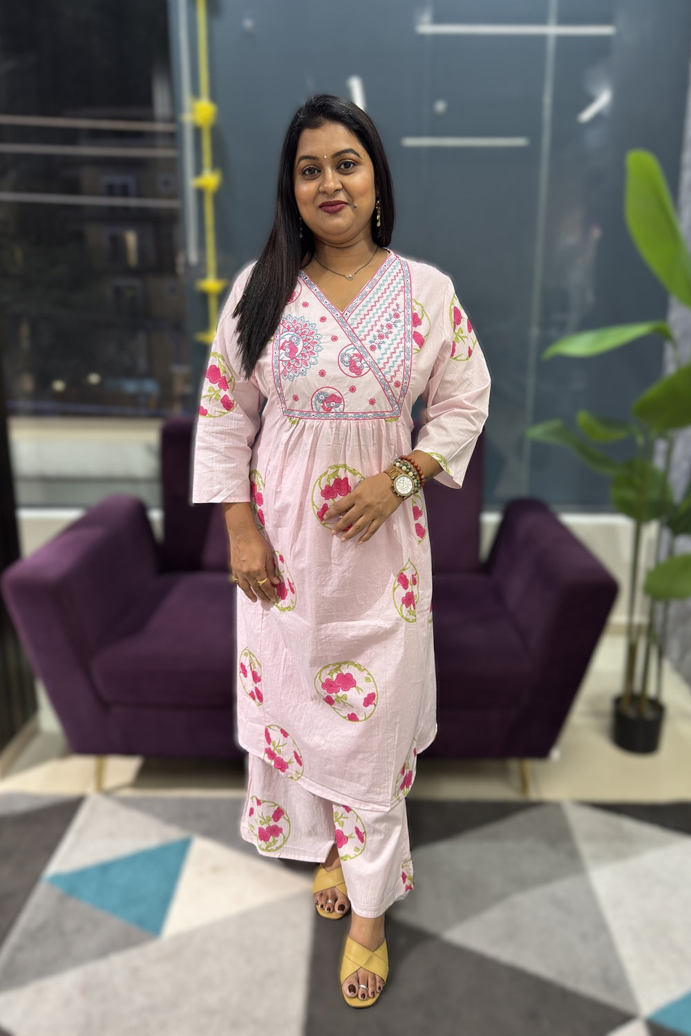 Block Print cotton suit set with cross embroidery on neck