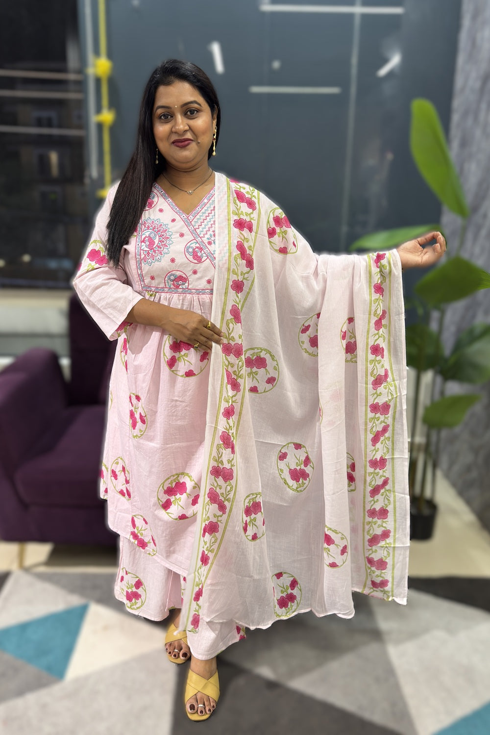 Block Print cotton suit set with cross embroidery on neck