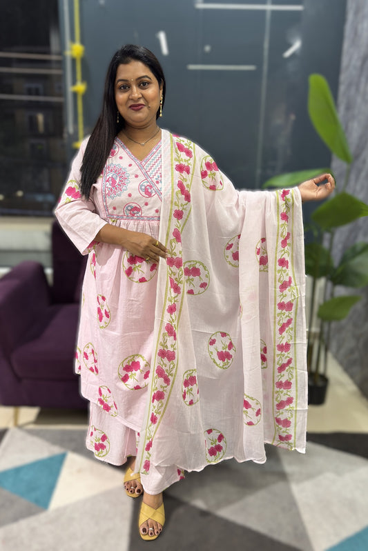 Block Print cotton suit set with cross embroidery on neck