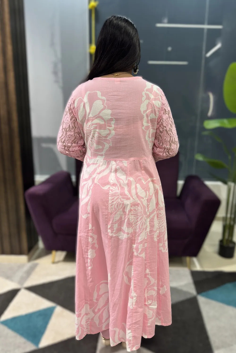 Baby pink Crocia lace cotton Anarkali suit set