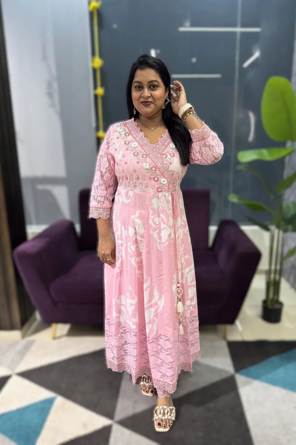 Baby pink Crocia lace cotton Anarkali suit set