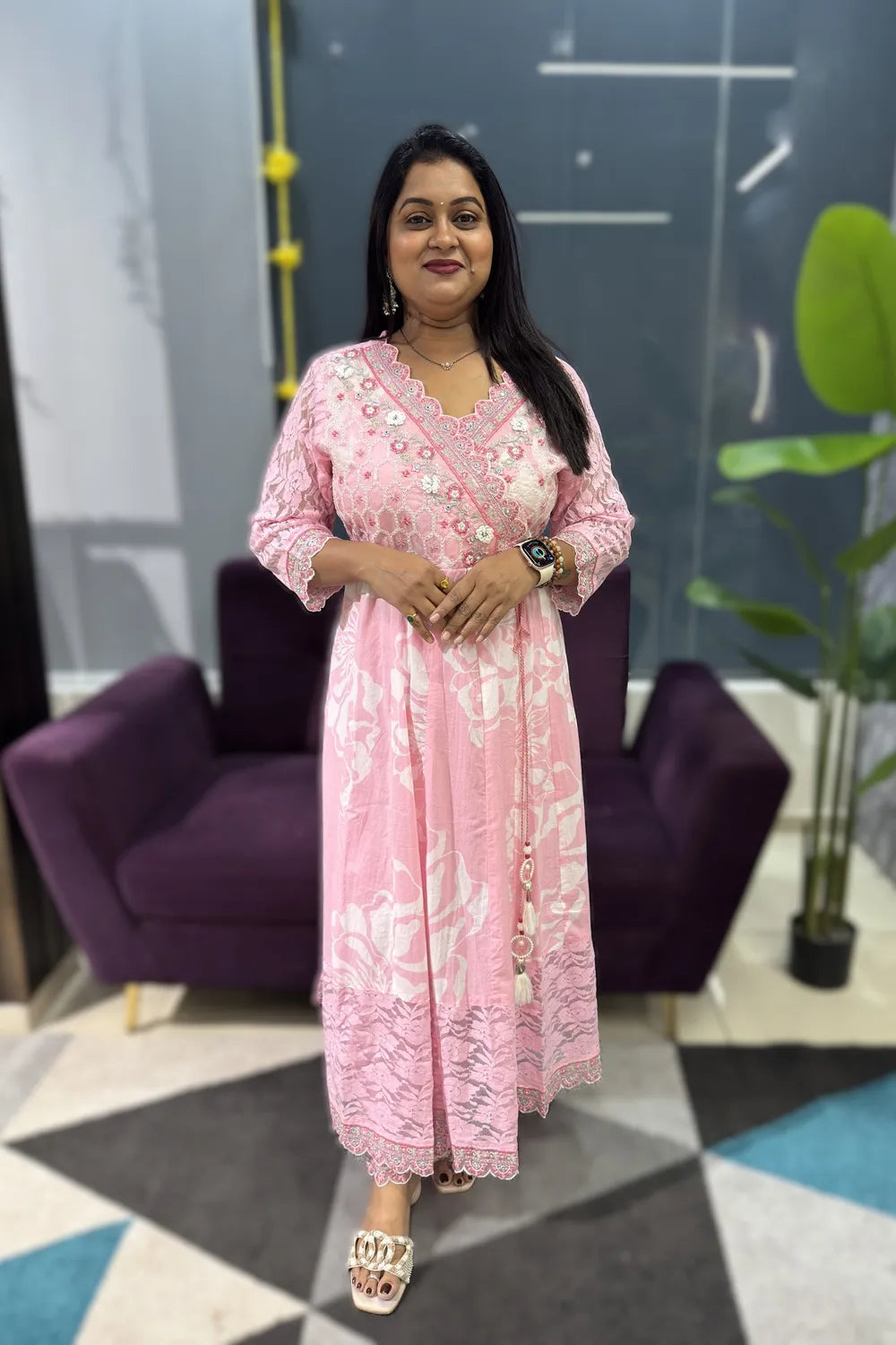 Baby pink Crocia lace cotton Anarkali suit set