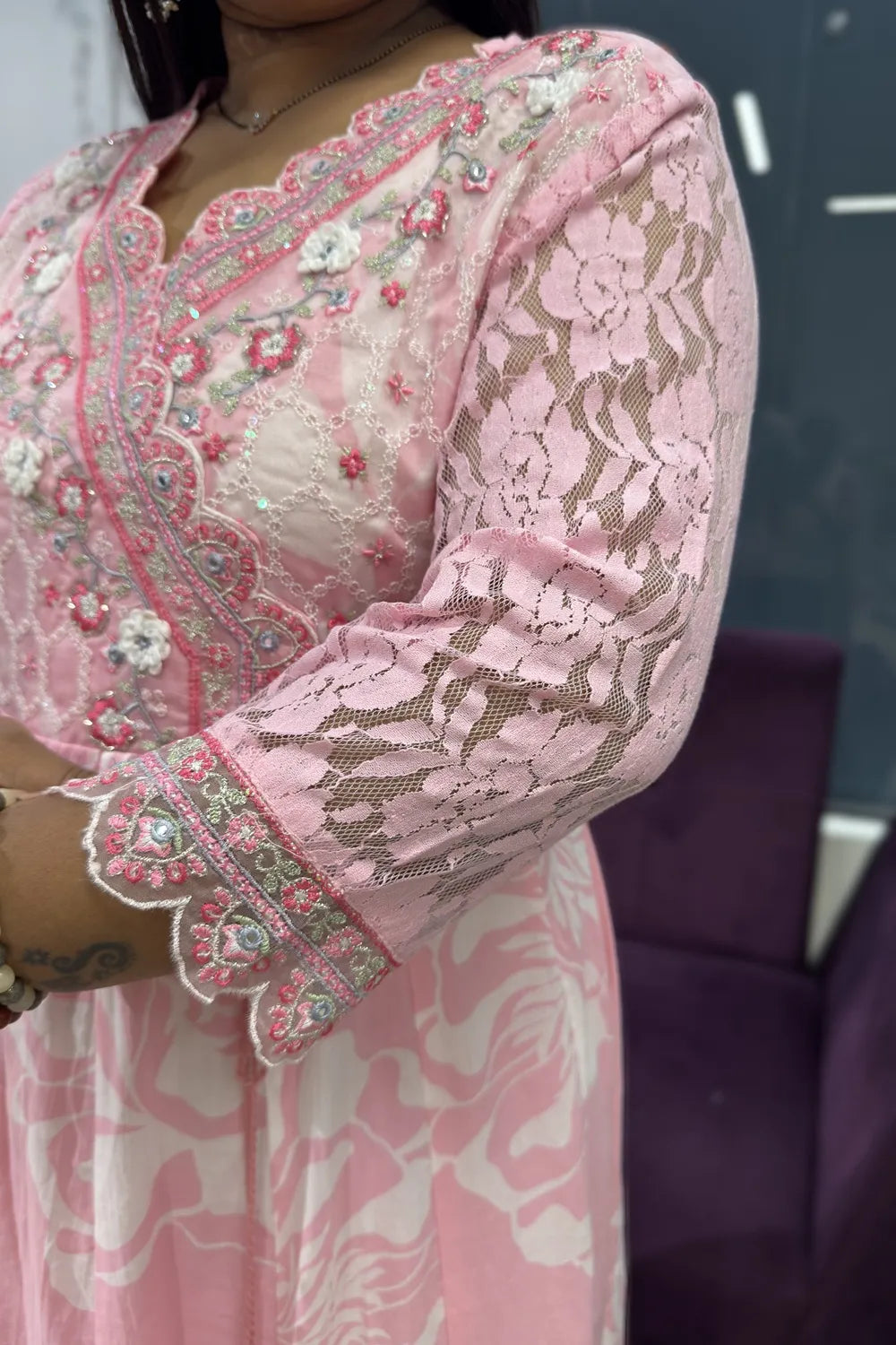 Baby pink Crocia lace cotton Anarkali suit set