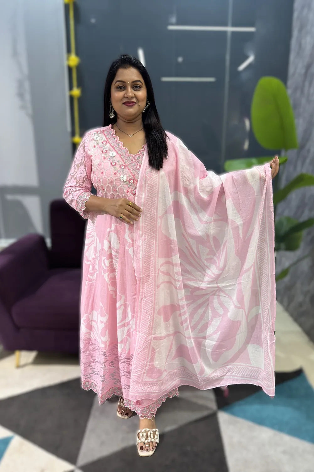 Baby pink Crocia lace cotton Anarkali suit set