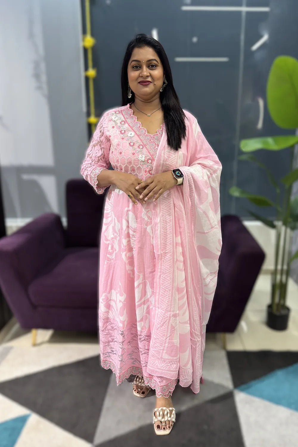 Baby pink Crocia lace cotton Anarkali suit set