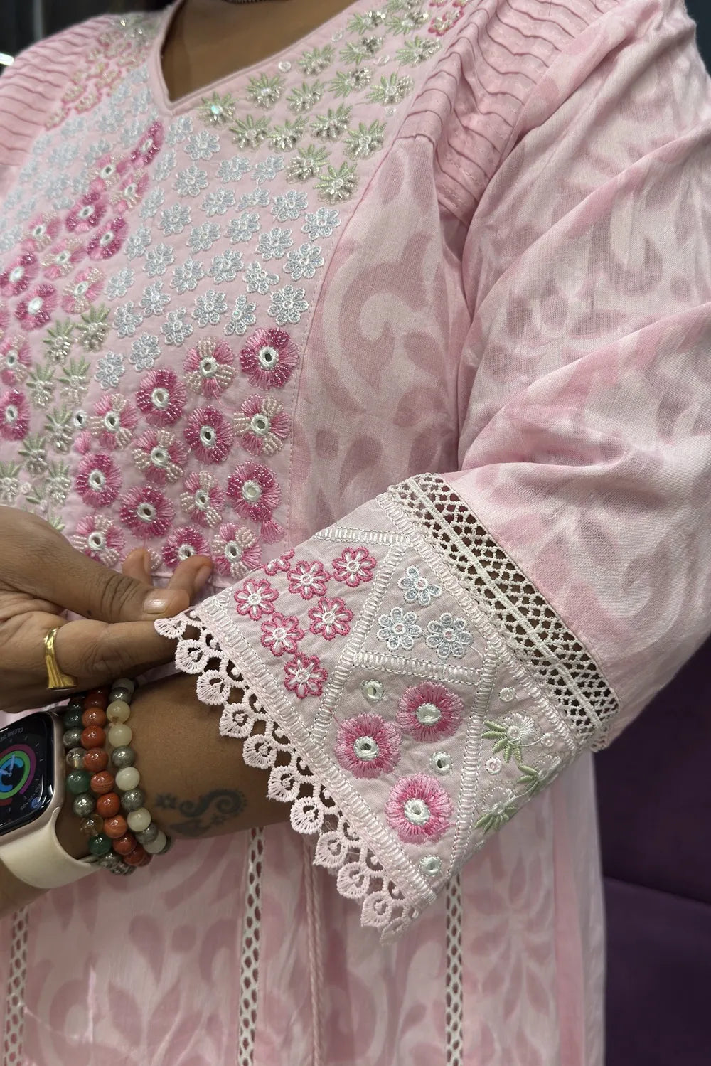 Pink high low pattern pearl work suit set