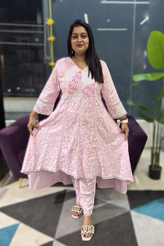 Pink high low pattern pearl work suit set