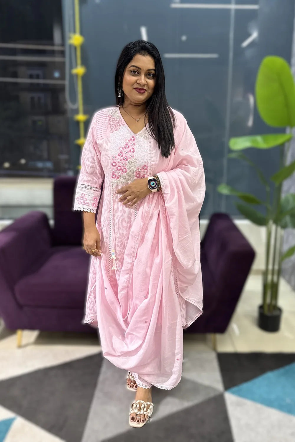 Pink high low pattern pearl work suit set