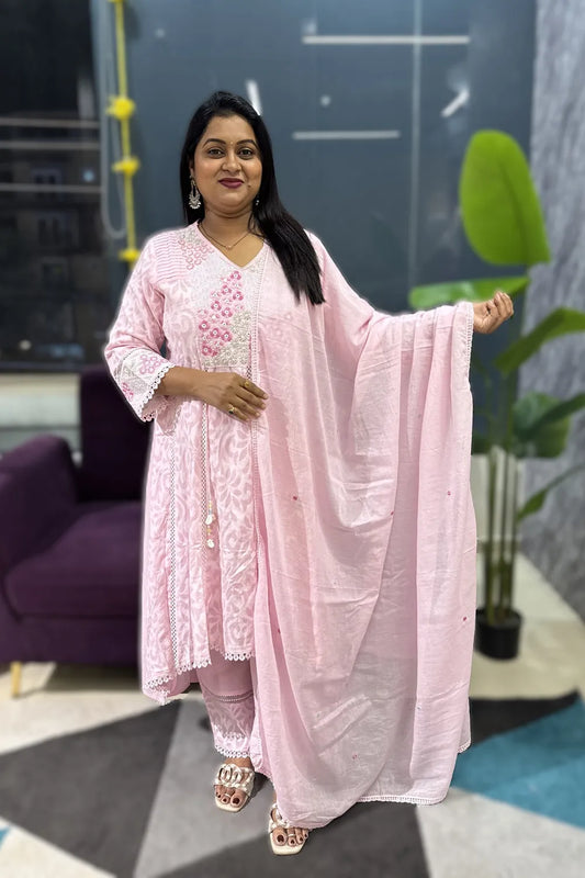 Pink high low pattern pearl work suit set