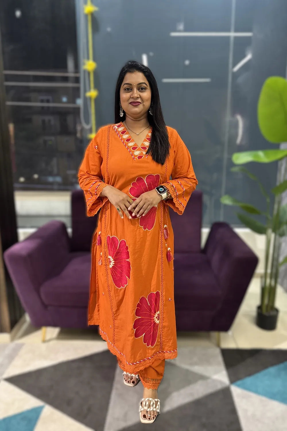 Orange with pink embroidery cotton suit set