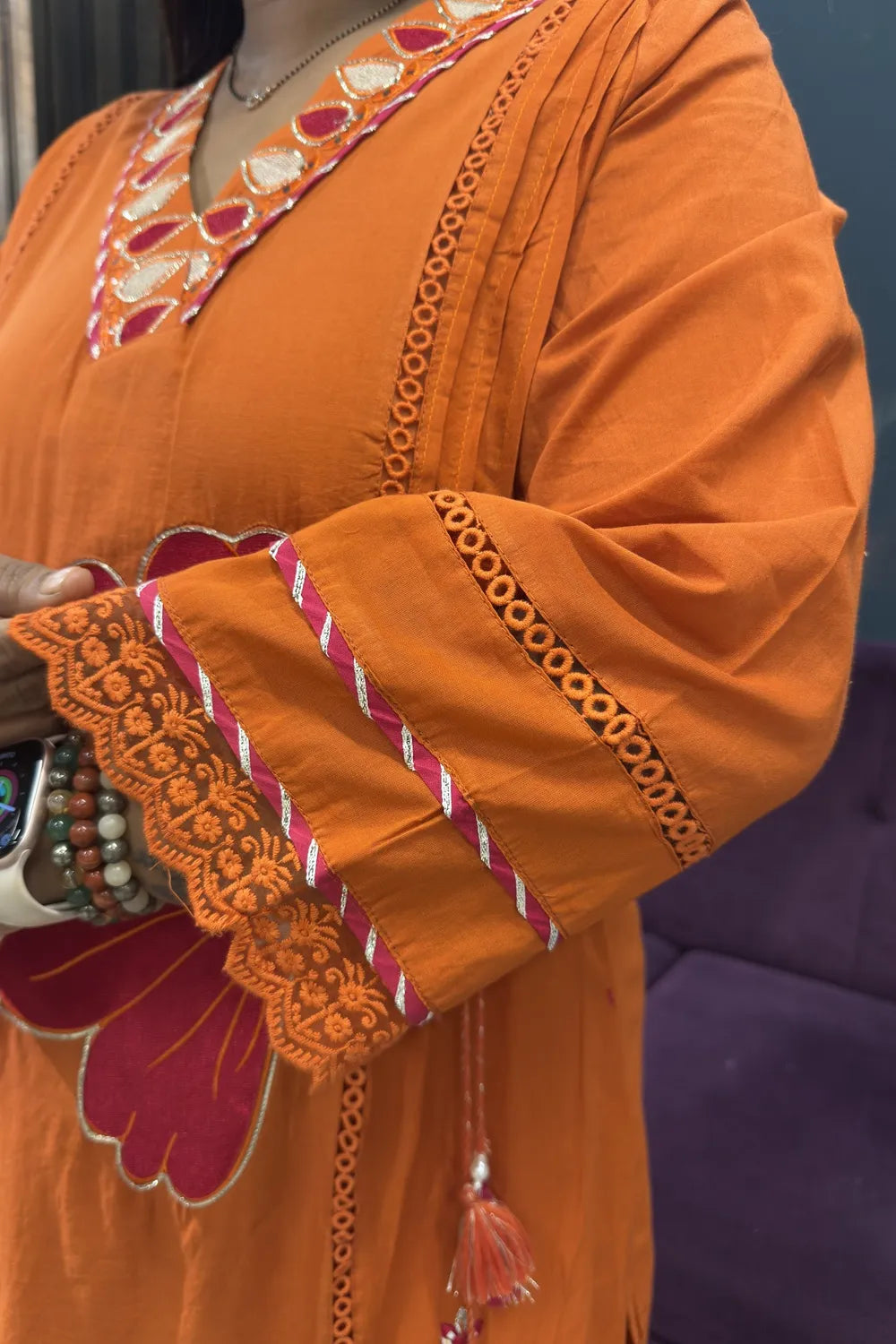 Orange with pink embroidery cotton suit set