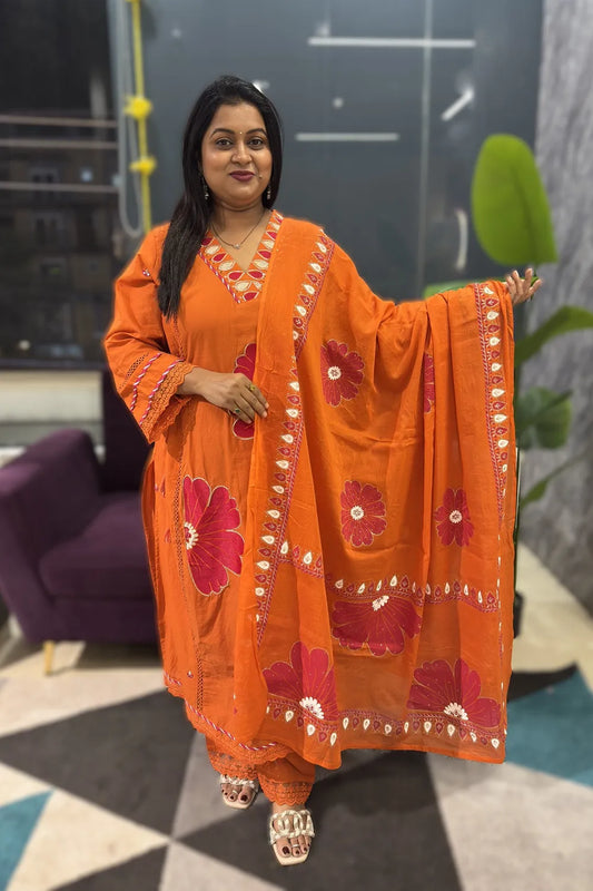 Orange with pink embroidery cotton suit set