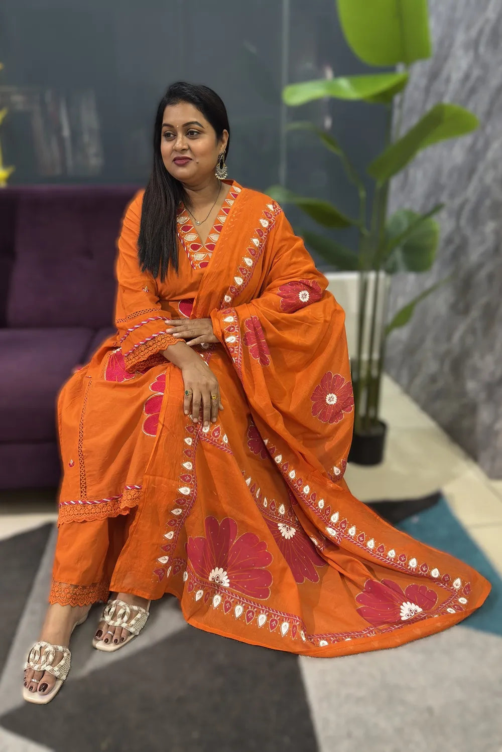 Orange with pink embroidery cotton suit set