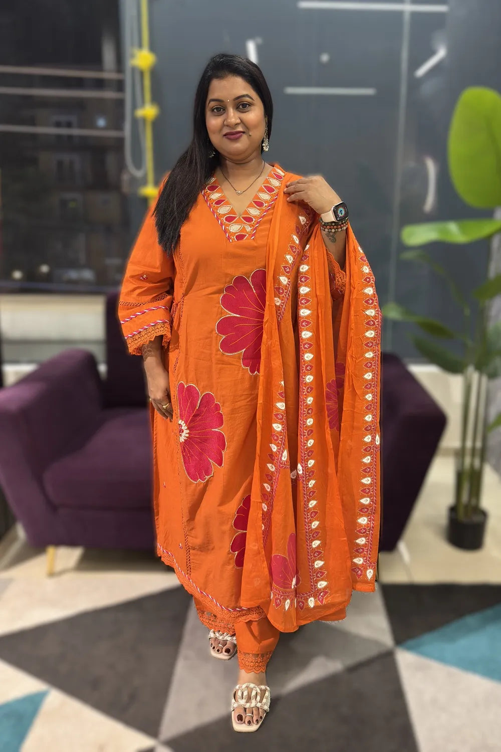 Orange with pink embroidery cotton suit set