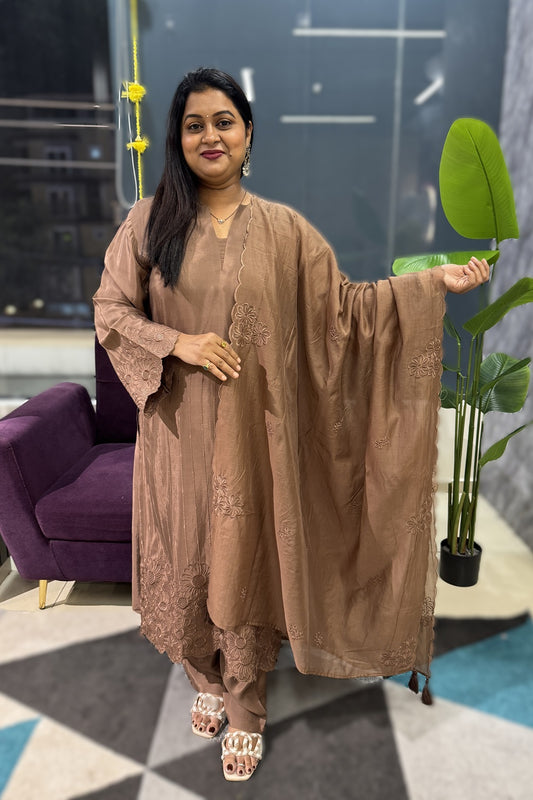 Brown colour pure Maslin self embroidery suit set