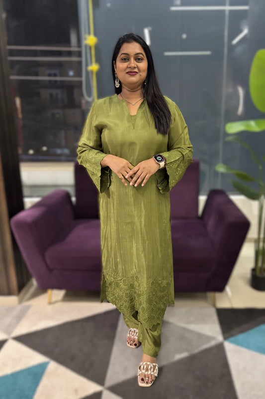 Green colour pure Maslin self embroidery suit set
