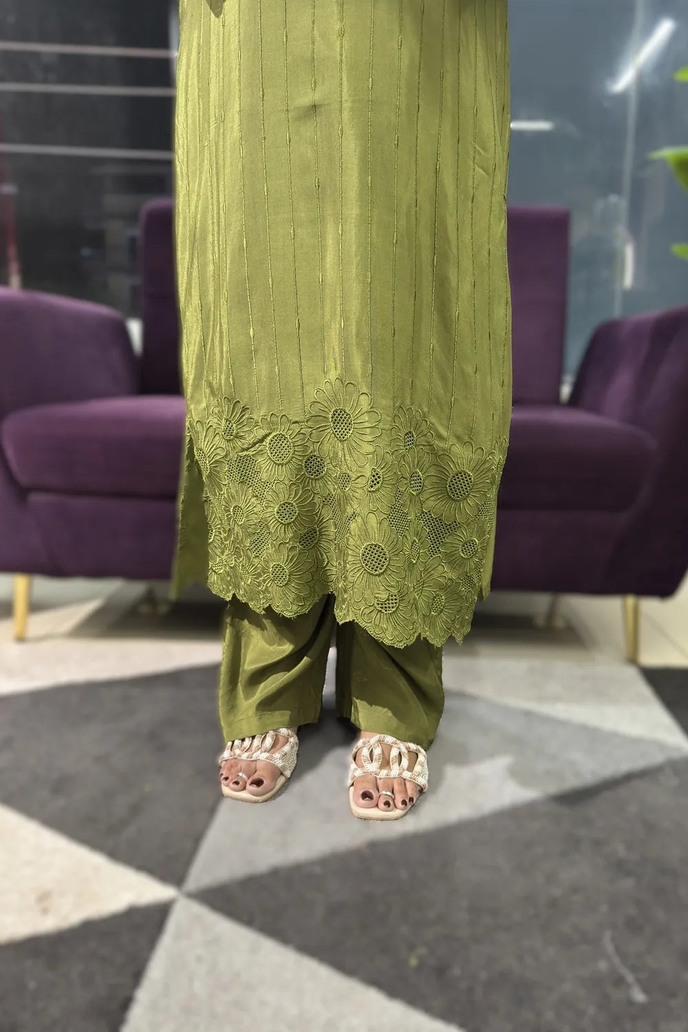 Green colour pure Maslin self embroidery suit set