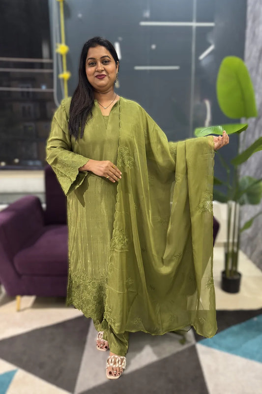 Green colour pure Maslin self embroidery suit set