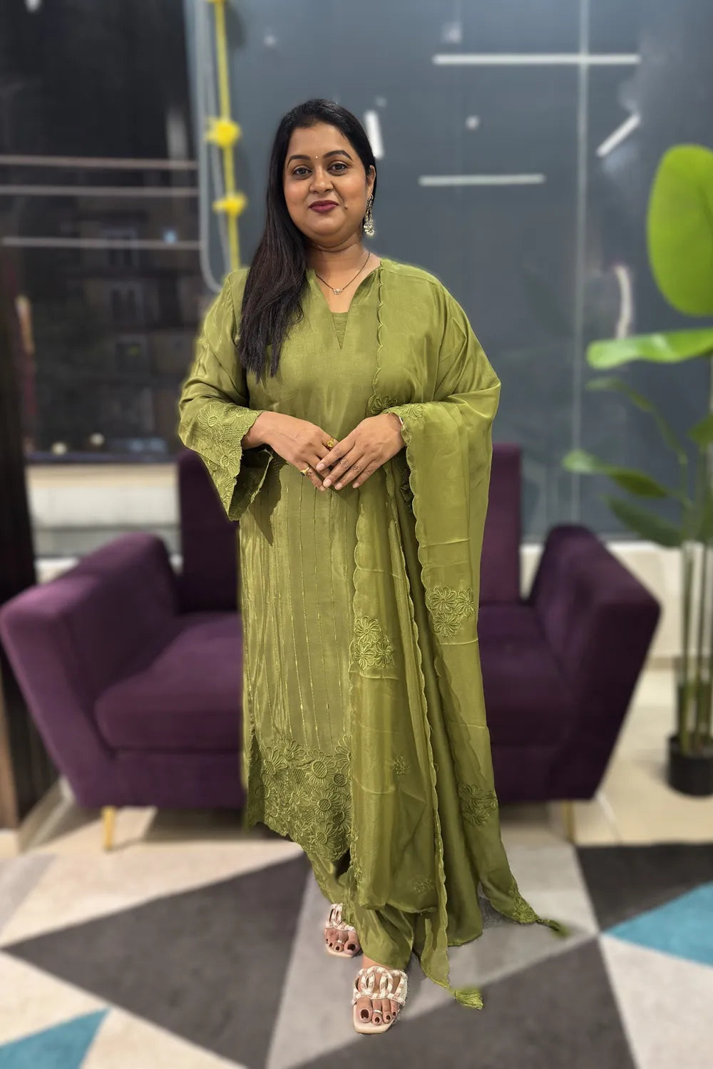 Green colour pure Maslin self embroidery suit set