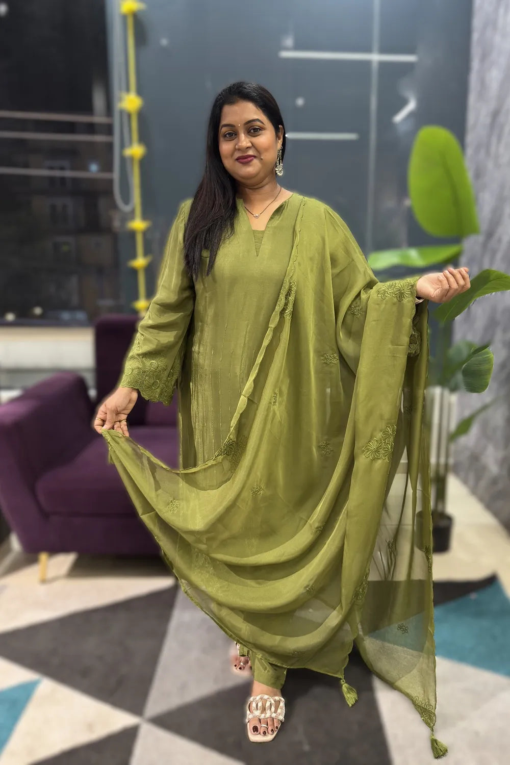 Green colour pure Maslin self embroidery suit set