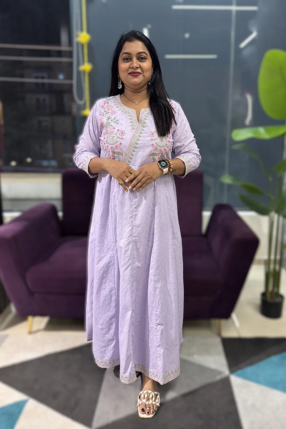 Lavender Shifli cotton Anarkali suit set