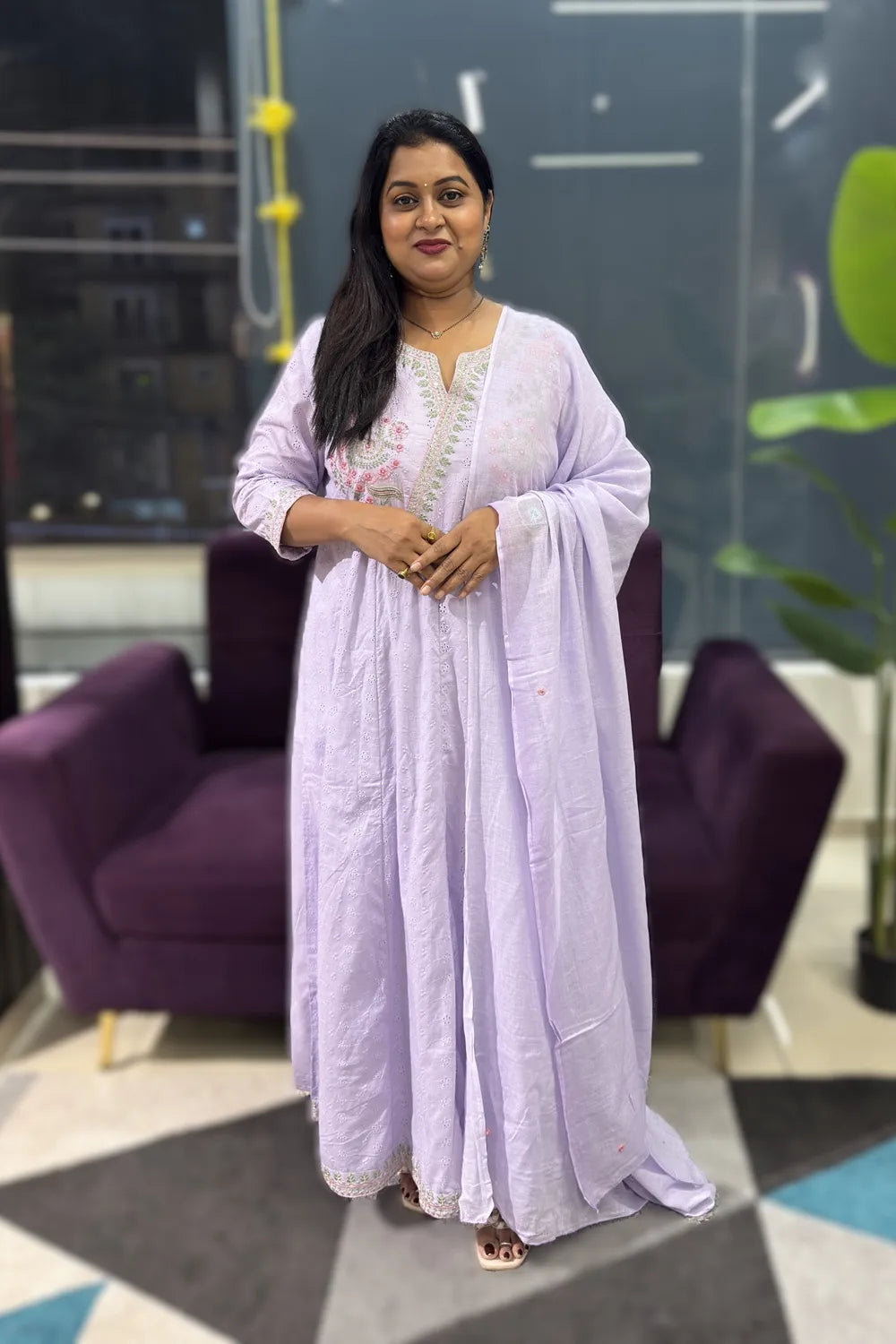 Lavender Shifli cotton Anarkali suit set