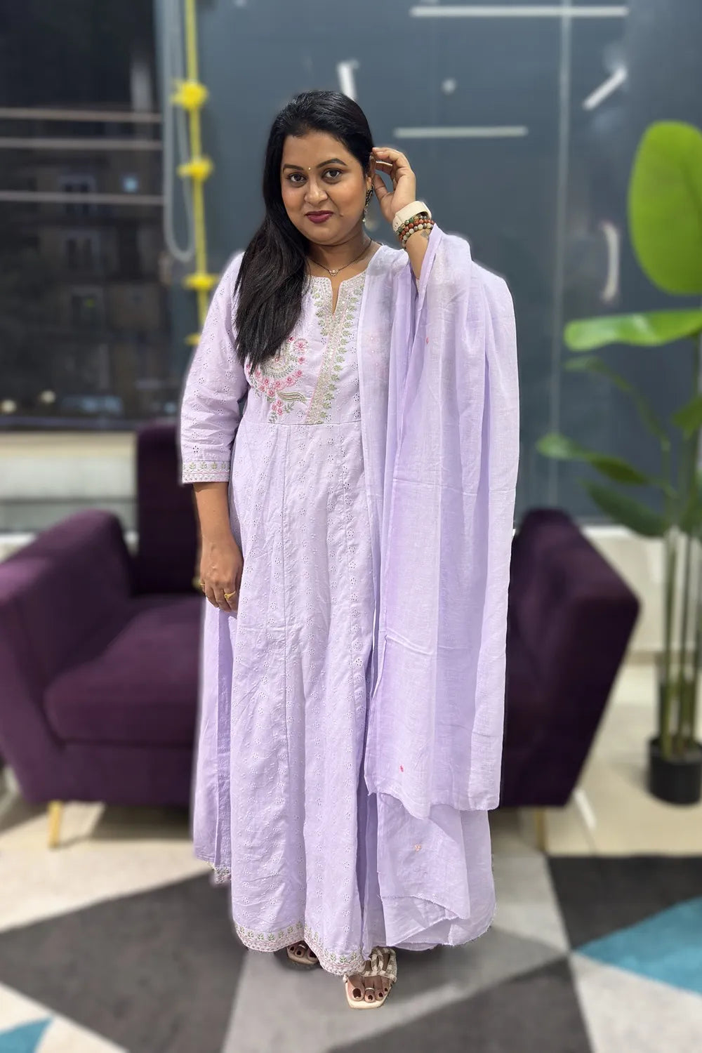 Lavender Shifli cotton Anarkali suit set