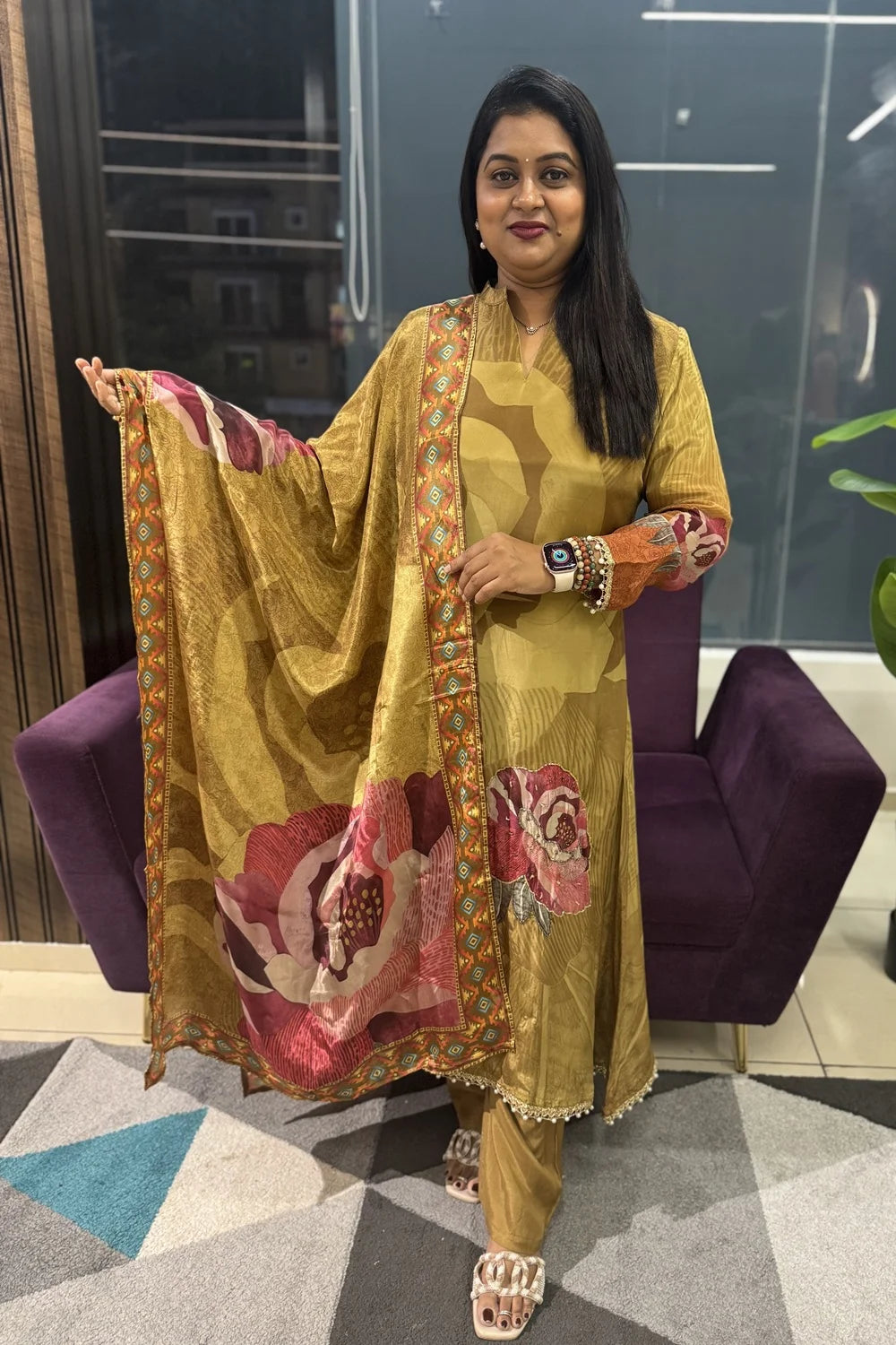 Pure Crepe Designer Mustard Green Handwork Article