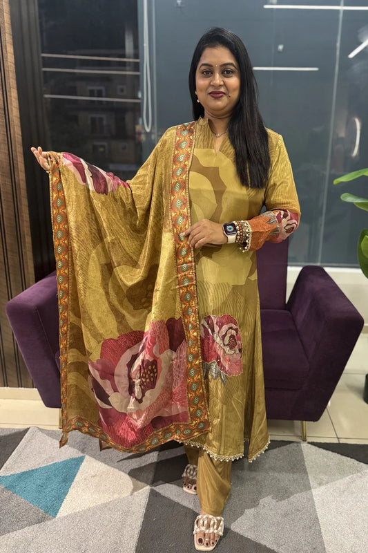 Pure Crepe Designer Mustard Green Handwork Article