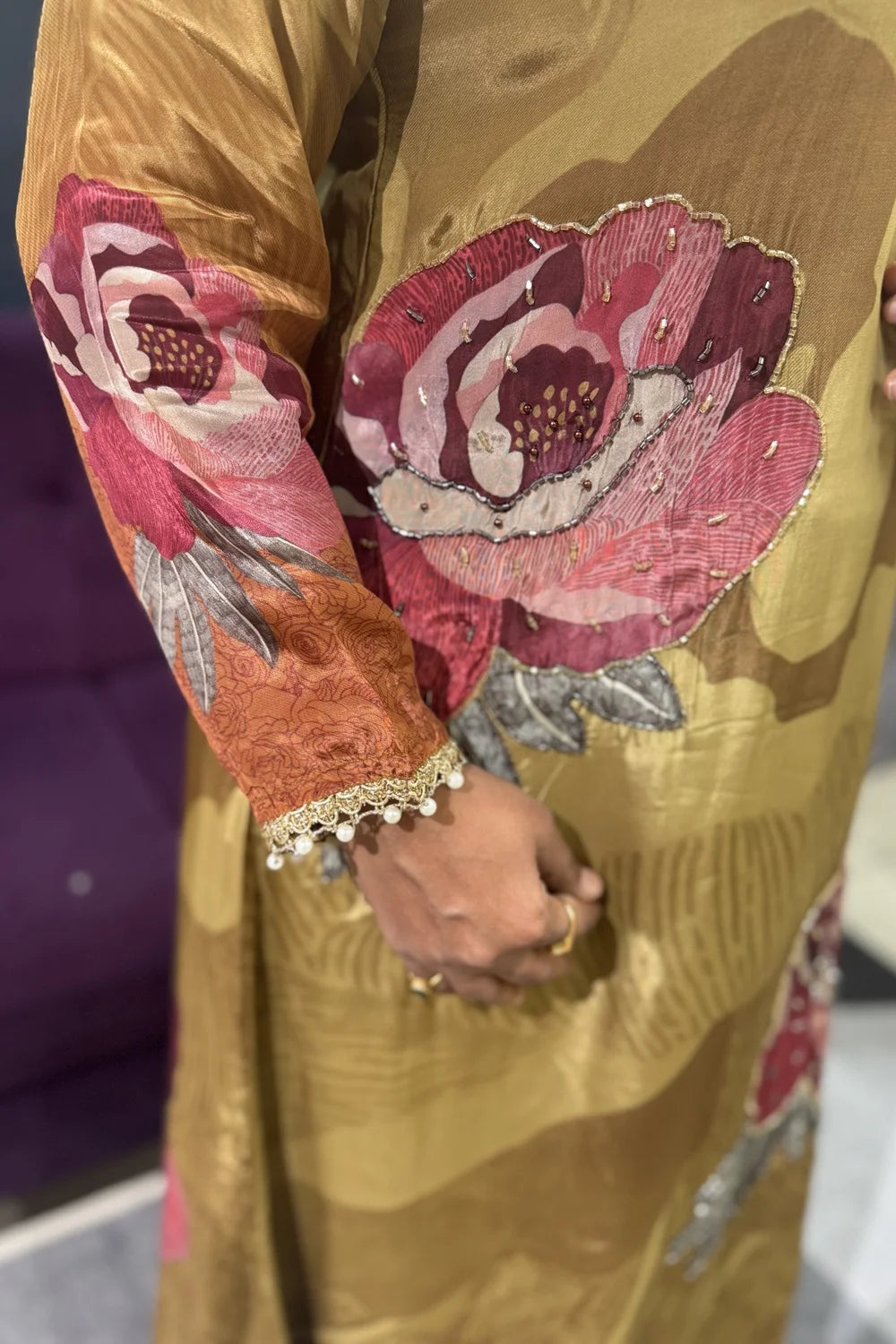 Pure Crepe Designer Mustard Green Handwork Article