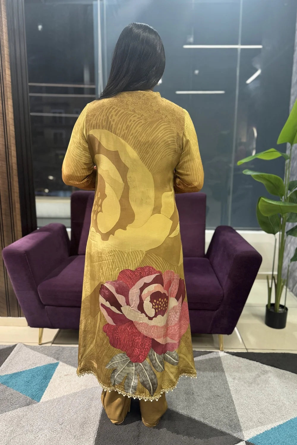 Pure Crepe Designer Mustard Green Handwork Article