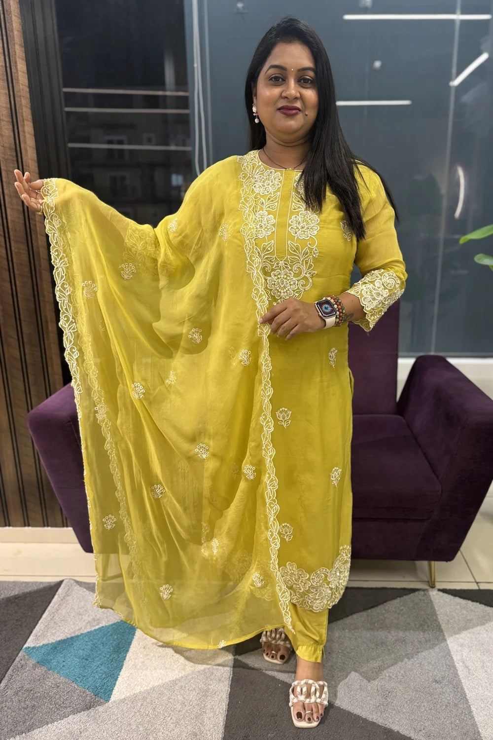 Mustard Colour Viscose Organza Embroidery Article