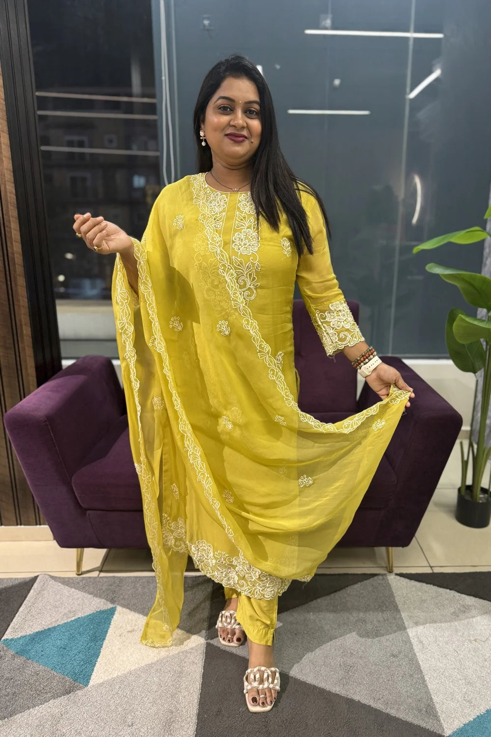 Mustard Colour Viscose Organza Embroidery Article