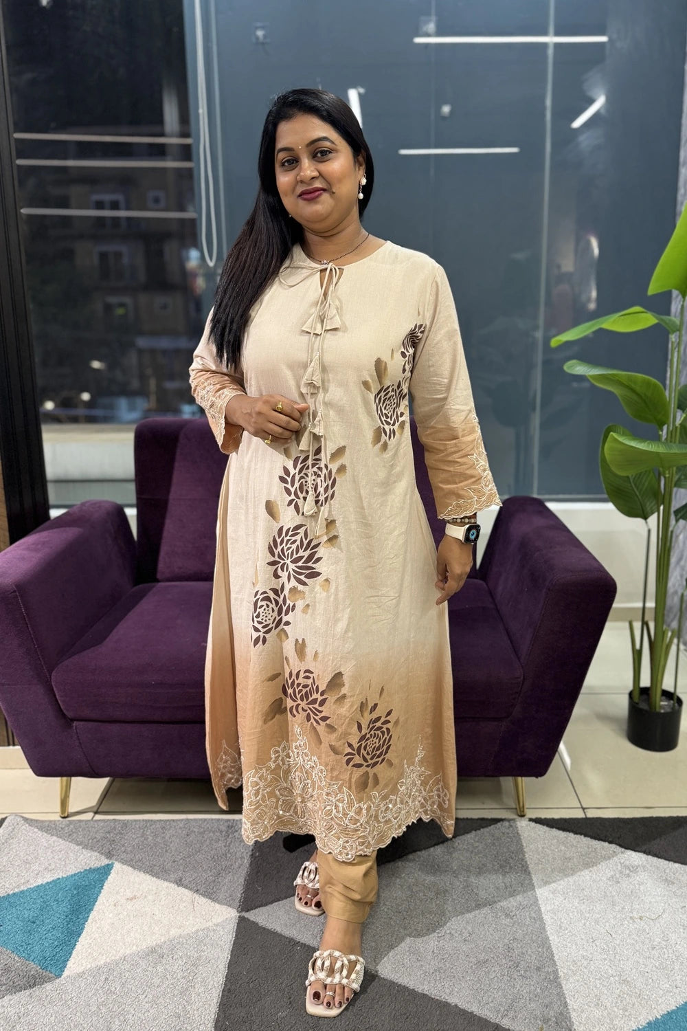 Beige colour handpainted pure cotton article