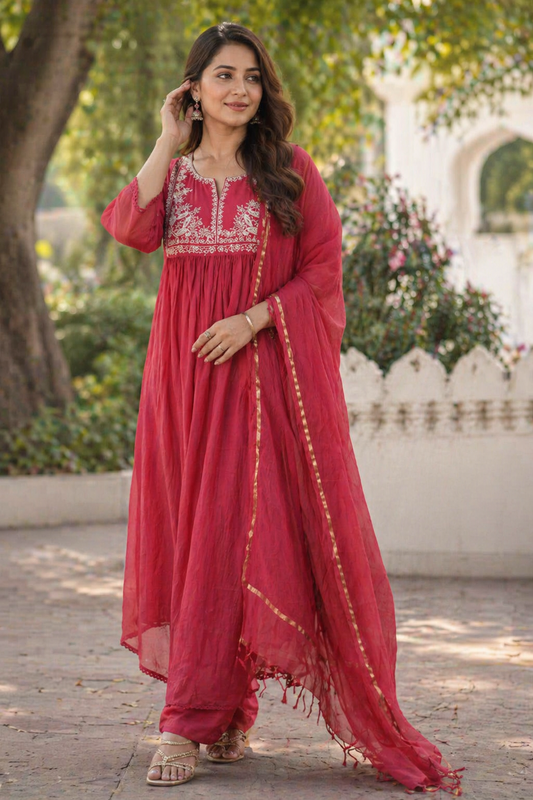 Pure Mulchanderi Maroon colour with silver Zari sequencing on yoke part